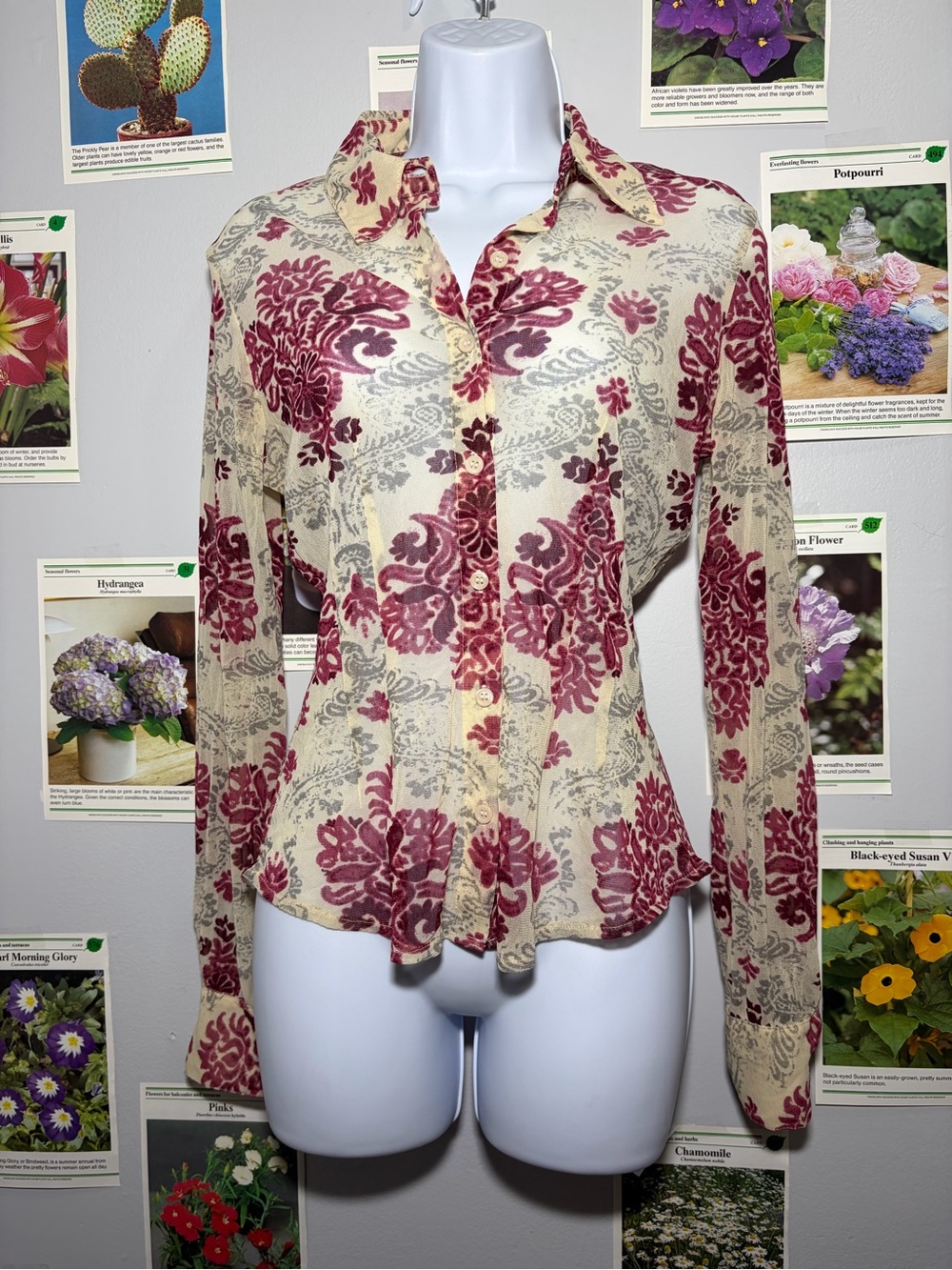 New York & Company Cream Button-Front Blouse with Red Floral Damask